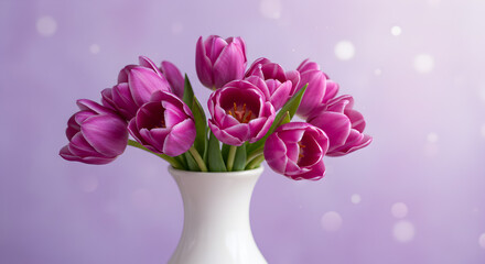 Obraz premium Stunning Purple Tulips in White Vase Spring Flower Bouquet Photography isolated on transparent background
