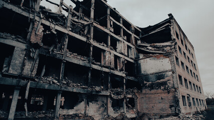 destroyed and burned houses in the city in Ukraine