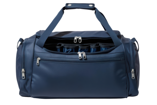 Large blue duffel bag with open zipper and pockets isolated on a transparent background