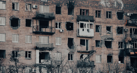 destroyed and burned houses in the city in Ukraine