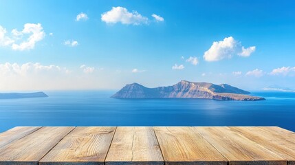Obraz premium Stunning panoramic vista of Santorini Greece with light wood tabletop blue sky and ocean view idyllic island paradise