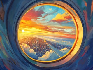 Painterly airplane window view of a cityscape during sunset colorful clouds in the sky aerial flight travel