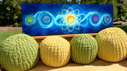 art with AI elements on canvas above handcrafted knit pillows