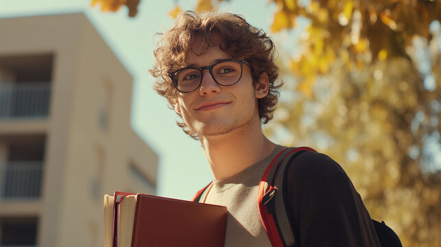 Young student smiles confidently while holding books on a sunny autumn day in an urban campus environment with golden leaves