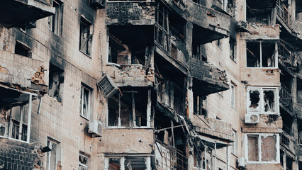 destroyed and burned houses in the city in Ukraine