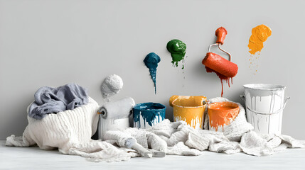 poster with abstract lines beside an unfinished baseboard installation