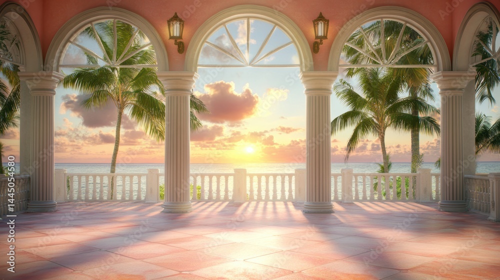 Poster balcony overlooking a serene tropical sunset at the coast with palm trees and columns in warm sunlig