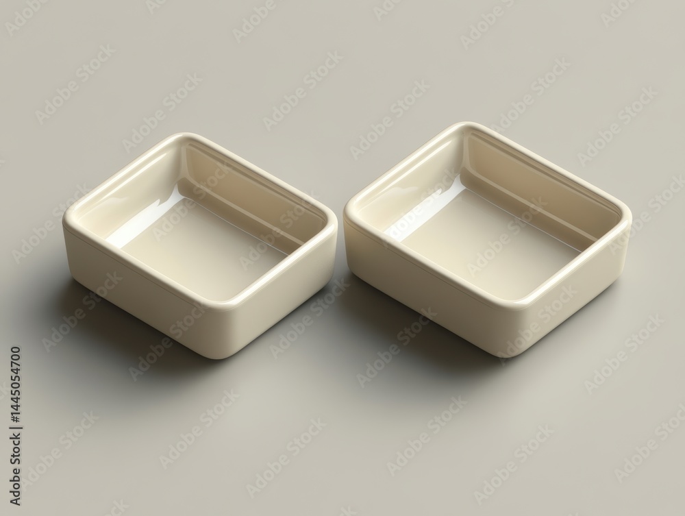 Aufkleber Two Elegant Empty Creamy White Square Bowls on a Neutral Background Captured in Soft Studio Lighting