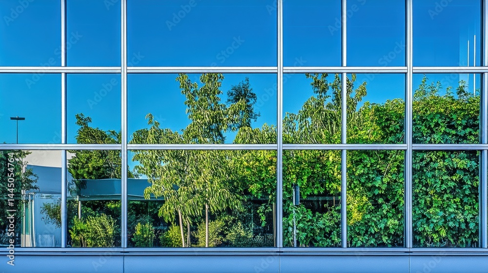 Poster clear sky reflected in modern building windows with lush green trees summer nature landscape perspec