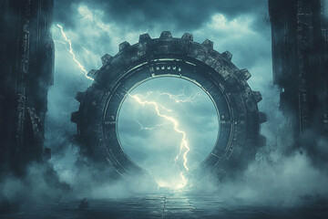 A dramatic portal with lightning strikes and a gear shaped frame under a cloudy and stormy sky