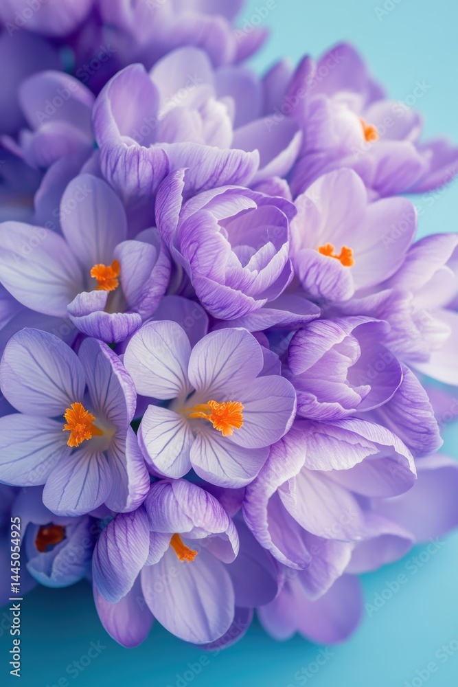 Aufkleber Graceful bloom of violet crocus flowers on azure surface displaying spring awakening in gentle light