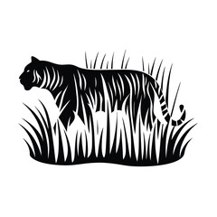 Tiger Walking Silhouette, Black and White Stripes, Wild Animal in Grass, Jungle Feline