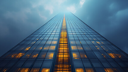 Fototapeta premium towering glass building reaches into cloudy sky, illuminated by warm lights