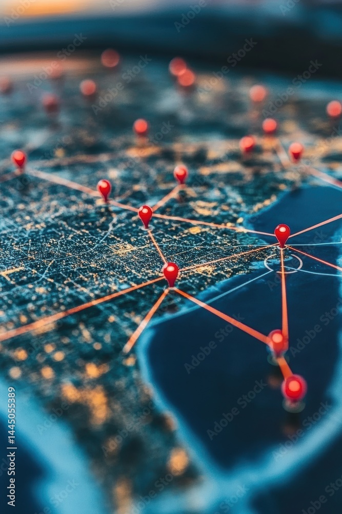 Aufkleber Global Connection Network with Red Pinpoints and Lines Showing a Connected World in a Digital Style