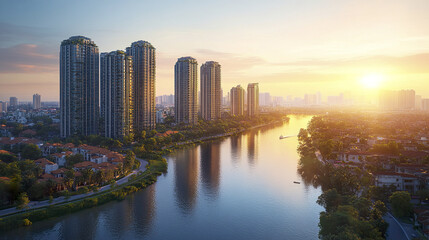 Obraz premium stunning view of modern towers lining riverside at sunset, creating serene atmosphere
