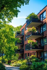 Sunny Balcony View Brick Building Green Trees Enhancing Urban Living and Residential Elegance