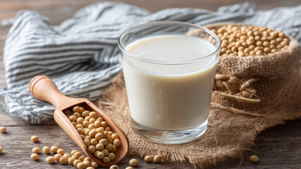 A refreshing glass of soy milk alongside a scoop of soybeans presented on a wooden surface with copy space for text on the left
