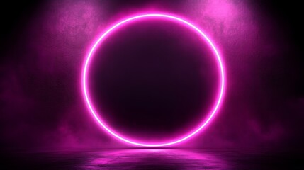 Obraz premium Neon pink circle glowing on dark background futuristic sci-fi stage with purple smoke and light,