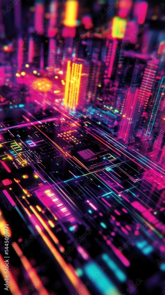 Poster vibrant cityscape illuminated with neon hues creates a dazzling digital abstract technology backdrop