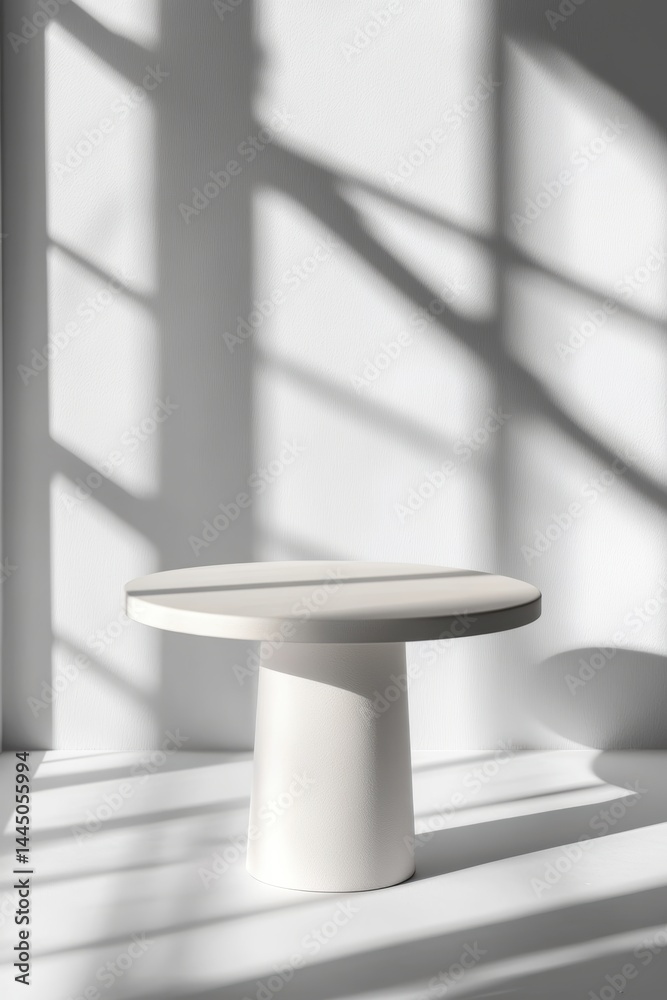 Aufkleber Elegant minimal round table in stark white setting casting shadows creating depth for product showcase