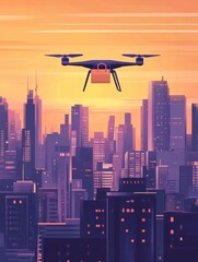 Drone delivery over futuristic city at sunset delivering package modern metropolis delivery concept
