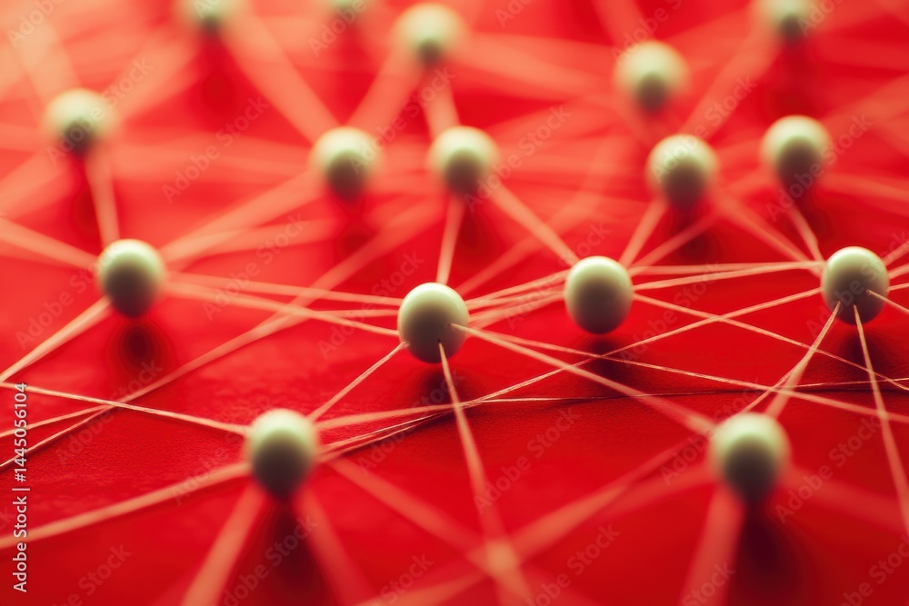 Fototapete Abstract Network Connection on Red Background with Interconnected Nodes and Lines Concept