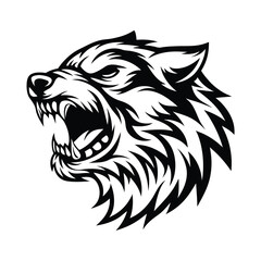 Wolf Head Illustration, Snarling with Sharp Teeth, Black and White Angry Animal Design