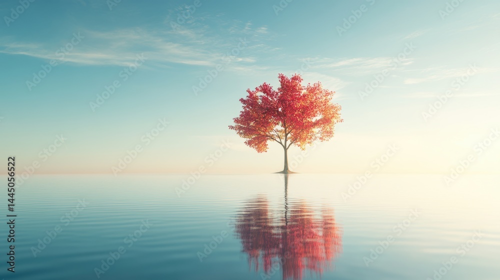 Aufkleber solitary vibrant tree mirroring on serene water surface casting reflections in a tranquil scene mini