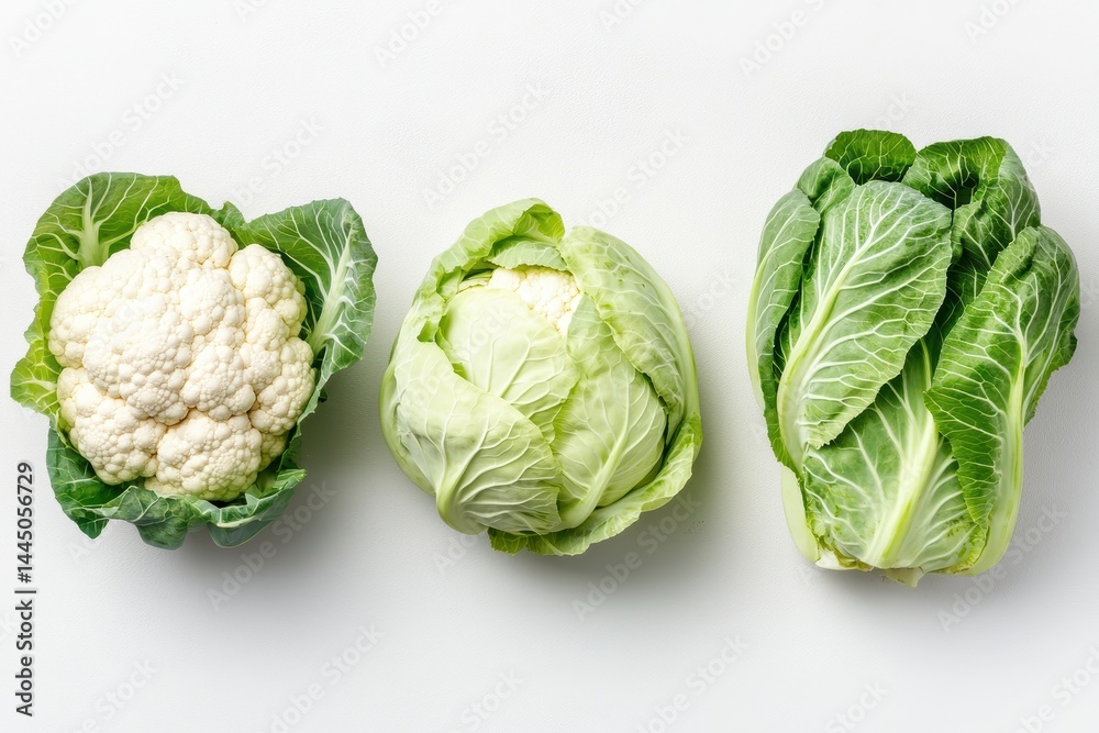 Poster trio of fresh cauliflower green cabbage and savoy cabbage on light background overhead angle studio 