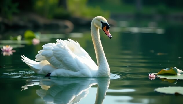 Tranquil white swan gracefully gliding on calm lake with water lilies, swan, lake, wildlife