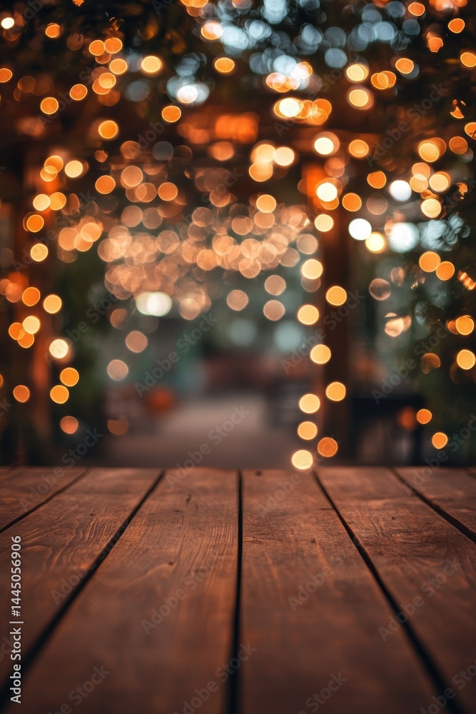 Poster enchanting wooden table under a bokeh light canopy creating a warm and cozy ambiance for celebration