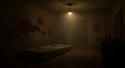 Eerie abandoned room with peeling wallpaper and blood stains evokes fear and mystery a haunting scene for horror themes