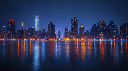 Fototapeta premium Illuminated skyscrapers at night reflect on water, creating vibrant cityscape