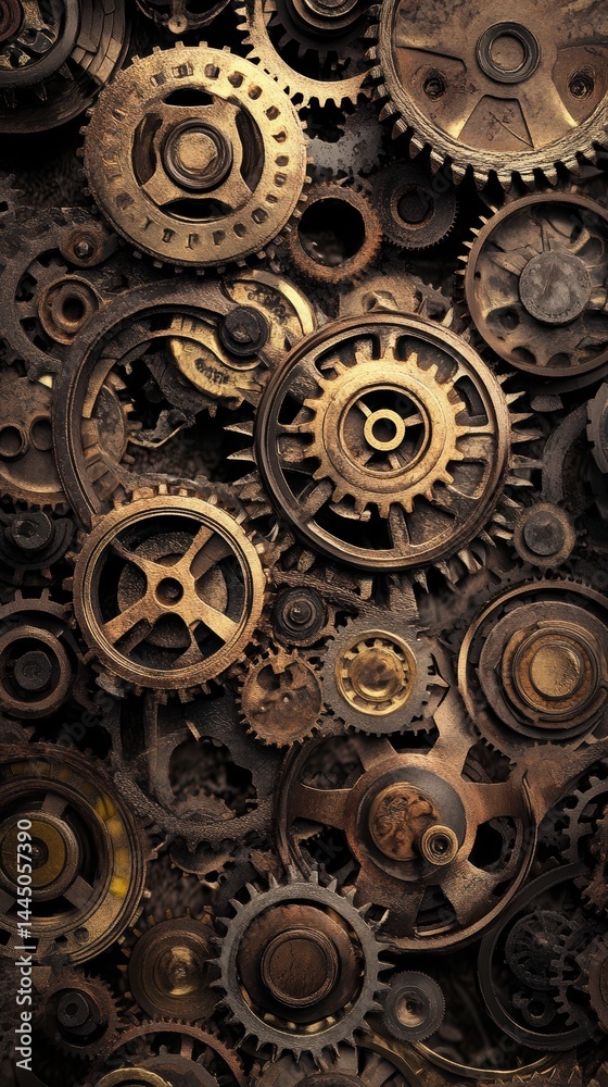 Poster Intricate Arrangement of Metallic Gears and Cogs Creating a Steampunk Aesthetic with Vintage Industrial Mood