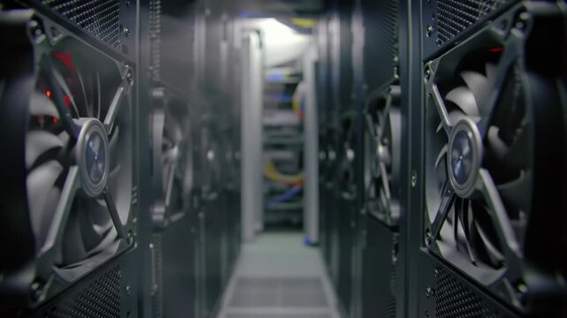 Server racks with cooling fans in a data center, efficiency and airflow in focus – technology infrastructure and innovation - Powered by Adobe
