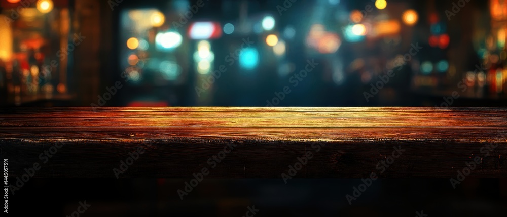 Aufkleber polished wooden bar top with warm ambient lighting against a blurred bokeh background ideal for prod