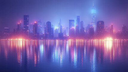 Fototapeta premium vibrant skyline silhouette with shimmering lights reflecting on water creates captivating scene