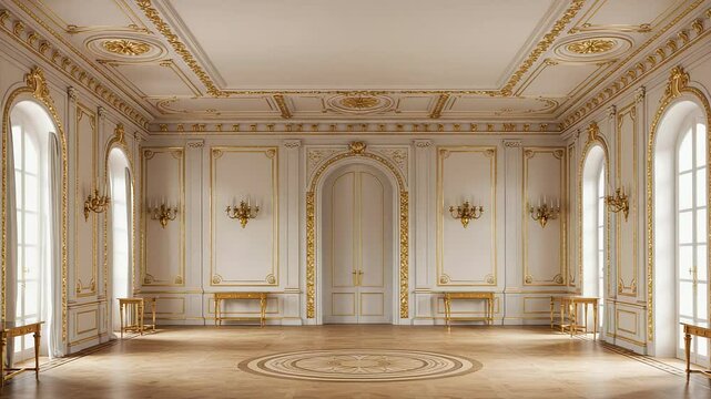 Elegant Empty Ballroom Interior with Ornate Gold Detailing Architecture