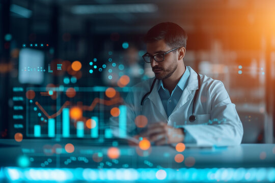 BEAUTIFUL businessman is analyzing datbeautiful and growth chart on beautiful blurred background, specifically focusing on vibrant healthcare business graph and medical examination   
