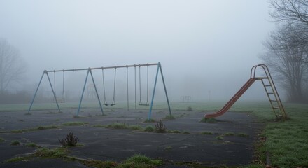 Eerie playground scene featuring swings and a slide shrouded in dense fog creating a sense of abandonment and mystery