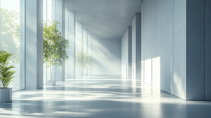 serene minimalist office corridor with sunlight streaming through large windows, creating calm