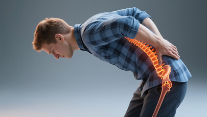 A Man in a Blue Plaid Shirt Bending Over with Visible Lower Back and Hip Pain as His Spine and Pelvic Bone Are Highlighted