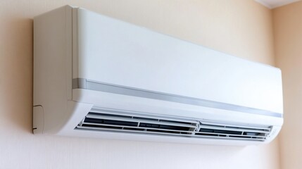 Ductless mini-split AC on a pale wall in a small cozy studio apartment with stylish touches