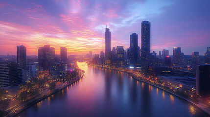 Fototapeta premium stunning modern city skyline dusk, reflecting calm river water, creating serene atmosphere