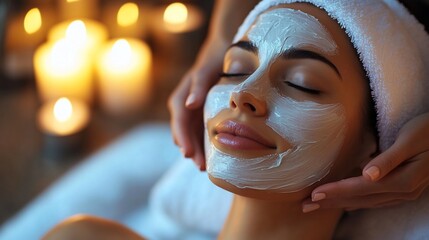 Woman getting a facial. Relaxing spa day with candles
