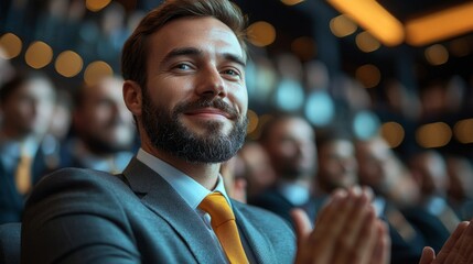 Obraz premium A close-up of an employee receiving a standing ovation from colleagues during a corporate event, showing gratitude and respect