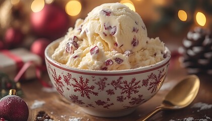 Creamy vanilla ice cream with red fruit pieces in a festive bowl