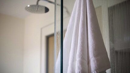 A close-up of a white towel hanging beside a glass rainfall shower