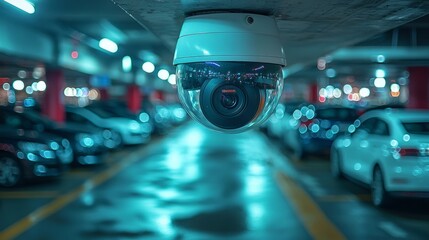 A close-up of a surveillance camera mounted on the ceiling of an underground parking lot, overlooking parked cars