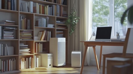 Fototapeta premium Home studio with AC above and air purifier operating quietly on the floor by desk